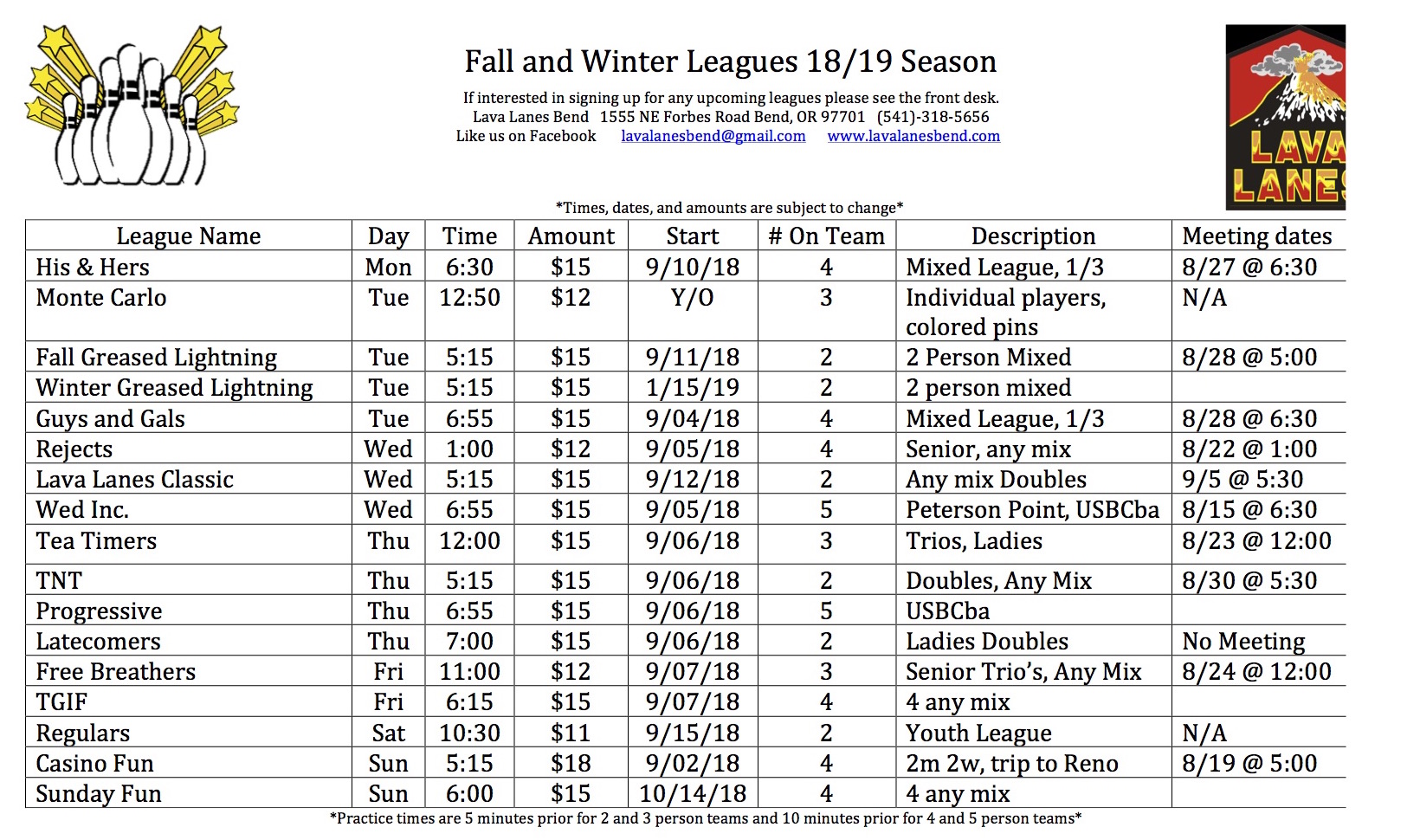 League Schedule - Lava Lanes