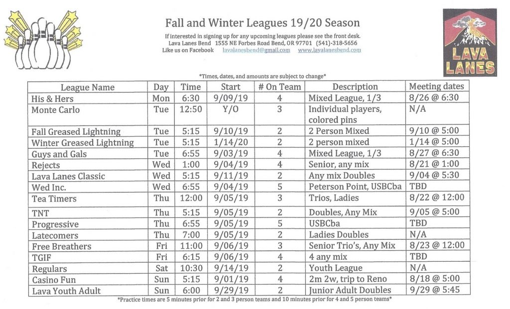 League Schedule - Lava Lanes