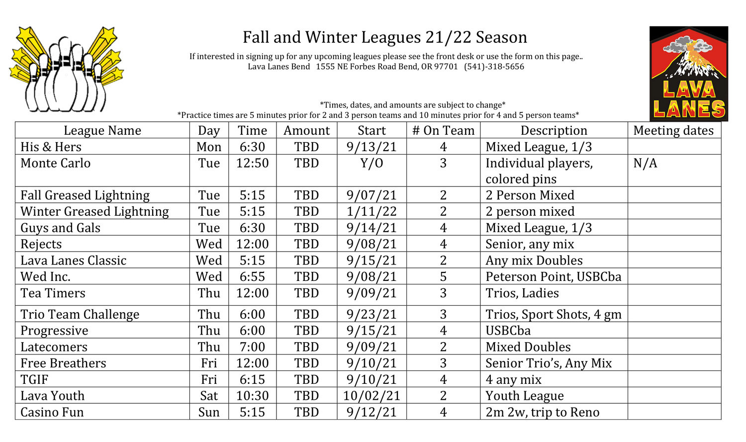 League Schedule - Lava Lanes