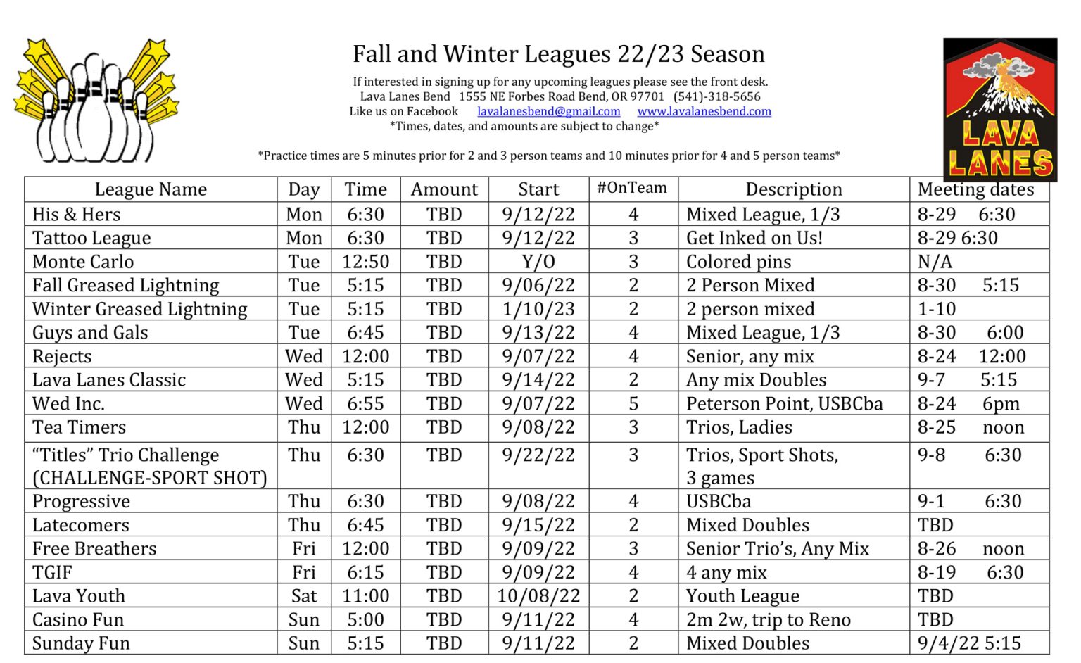 League Schedule - Lava Lanes